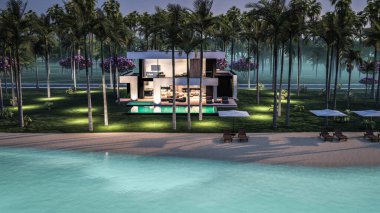 Havuzu ve satılık park yeri olan ya da deniz ya da okyanus kenarında lüks tarzda kiralanan modern konforlu bir ev. Tropikal adada palmiye ağaçları ve çiçeklerle masmavi sahilde yıldız ışığı gecesi