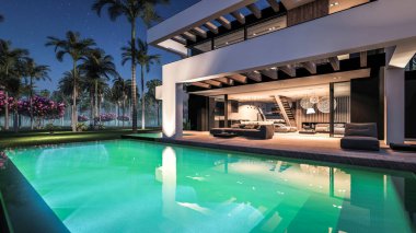 Havuzu ve satılık park yeri olan ya da deniz ya da okyanus kenarında lüks tarzda kiralanan modern konforlu bir ev. Tropikal adada palmiye ağaçları ve çiçeklerle masmavi sahilde yıldız ışığı gecesi