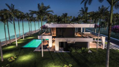 Havuzu ve satılık park yeri olan ya da deniz ya da okyanus kenarında lüks tarzda kiralanan modern konforlu bir ev. Tropikal adada palmiye ağaçları ve çiçeklerle masmavi sahilde yıldız ışığı gecesi
