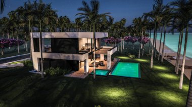 Havuzu ve satılık park yeri olan ya da deniz ya da okyanus kenarında lüks tarzda kiralanan modern konforlu bir ev. Tropikal adada palmiye ağaçları ve çiçeklerle masmavi sahilde yıldız ışığı gecesi