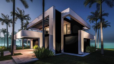 Havuzu ve satılık park yeri olan ya da deniz ya da okyanus kenarında lüks tarzda kiralanan modern konforlu bir ev. Tropikal adada palmiye ağaçları ve çiçeklerle masmavi sahilde yıldız ışığı gecesi