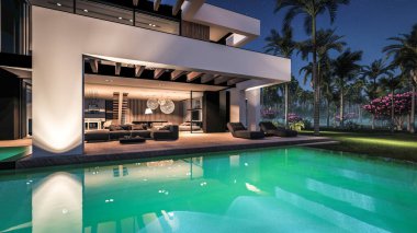 Havuzu ve satılık park yeri olan ya da deniz ya da okyanus kenarında lüks tarzda kiralanan modern konforlu bir ev. Tropikal adada palmiye ağaçları ve çiçeklerle masmavi sahilde yıldız ışığı gecesi