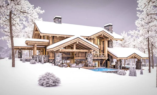 Rendering Von Modernen Gemütlichen Chalet Mit Pool Und Parkplatz Zum — Stockfoto