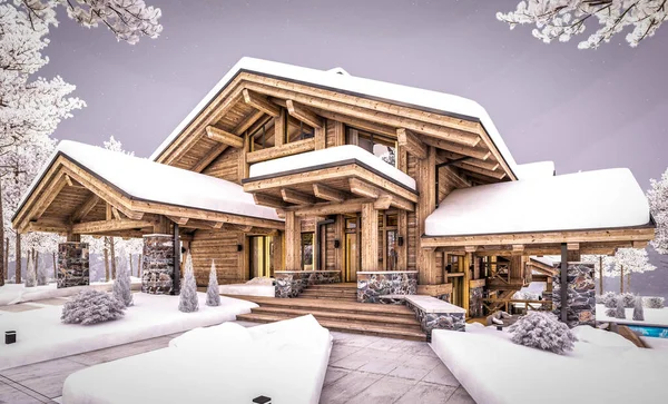 Rendering Von Modernen Gemütlichen Chalet Mit Pool Und Parkplatz Zum — Stockfoto