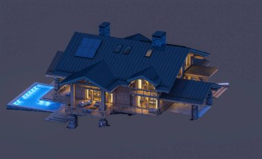 Havuzu ve kiralık park yeri olan modern konforlu bir dağ evi. Devasa kereste kirişleri. Gece vakti. Siyah üzerine izole edilmiş.