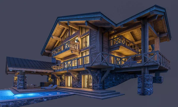 Rendering Von Modernen Gemütlichen Chalet Mit Pool Und Parkplatz Zum — Stockfoto