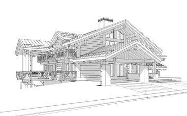 Havuzu ve kiralık park yeri olan modern konforlu bir dağ evi. Devasa kereste kirişleri. Beyaz zemin üzerinde yumuşak ışık gölgeleri olan siyah çizgi çizimi.