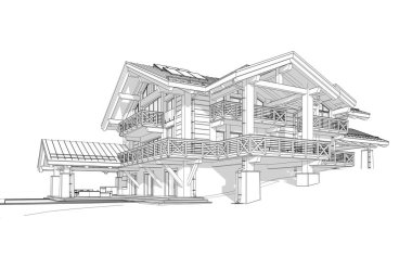 Havuzu ve kiralık park yeri olan modern konforlu bir dağ evi. Devasa kereste kirişleri. Beyaz zemin üzerinde yumuşak ışık gölgeleri olan siyah çizgi çizimi.