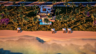 Havuzu ve satılık park yeri olan ya da deniz ya da okyanus kenarında lüks tarzda kiralanan modern konforlu bir ev. Tropikal adada palmiye ağaçları ve çiçeklerle masmavi sahilde gün batımı