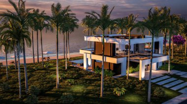 Havuzu ve satılık park yeri olan ya da deniz ya da okyanus kenarında lüks tarzda kiralanan modern konforlu bir ev. Tropikal adada palmiye ağaçları ve çiçeklerle masmavi sahilde gün batımı