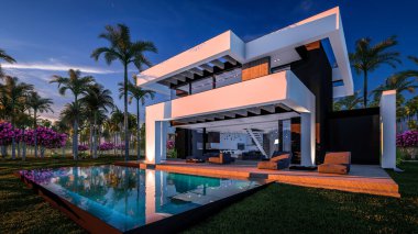 Havuzu ve satılık park yeri olan ya da deniz ya da okyanus kenarında lüks tarzda kiralanan modern konforlu bir ev. Tropikal adada palmiye ağaçları ve çiçeklerle masmavi sahilde gün batımı