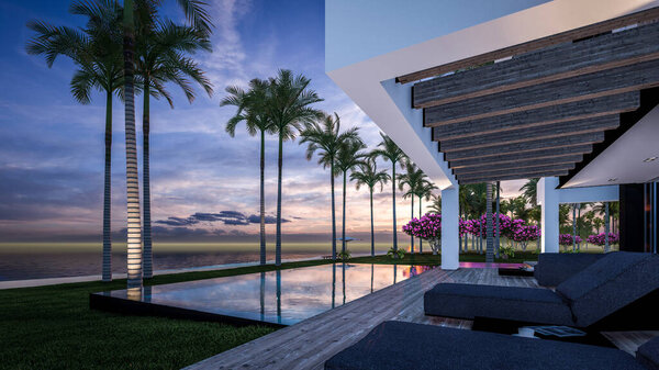 3D рендеринг современного уютного дома с бассейном и парковкой для продажи или аренды в роскошном стиле у моря или океана. Закатный вечер у лазурного побережья с пальмами и цветами на острове Эль