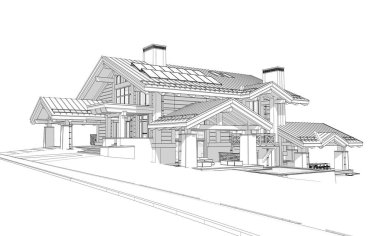 Havuzu ve kiralık park yeri olan modern konforlu bir dağ evi. Devasa kereste kirişleri. Beyaz zemin üzerinde yumuşak ışık gölgeleri olan siyah çizgi çizimi.