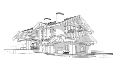 Havuzu ve kiralık park yeri olan modern konforlu bir dağ evi. Devasa kereste kirişleri. Beyaz zemin üzerinde yumuşak ışık gölgeleri olan siyah çizgi çizimi.