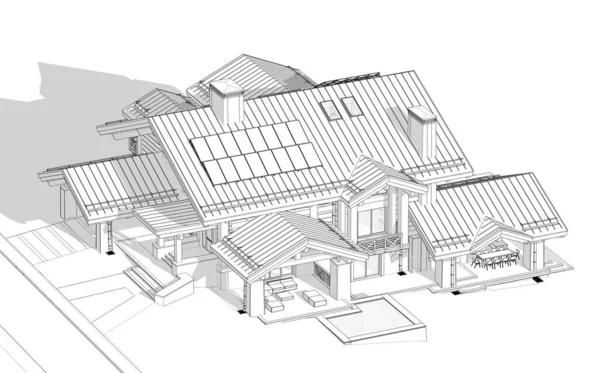 3D展示现代化舒适的带游泳池和停车场的粉笔 供出售或出租 巨大的木梁柱 白底浅色阴影下的黑线草图 — 图库照片