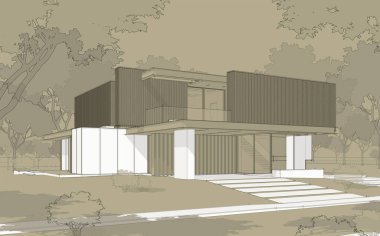 Park yeri ve havuzu satılık ya da ahşap kaplamalı modern konforlu ev. Beyaz noktalı siyah çizgi çizimi ve zanaat arka planında el çizimi.