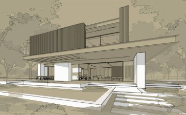 Park yeri ve havuzu satılık ya da ahşap kaplamalı modern konforlu ev. Beyaz noktalı siyah çizgi çizimi ve zanaat arka planında el çizimi.