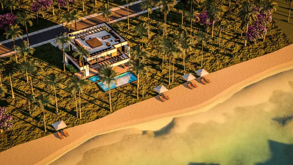 Havuzu ve satılık park yeri olan ya da deniz ya da okyanus kenarında lüks tarzda kiralanan modern konforlu bir ev. Tropikal adada palmiye ağaçları ve çiçeklerle masmavi sahilde gün batımı