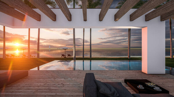 3D рендеринг современного уютного дома с бассейном и парковкой для продажи или аренды в роскошном стиле у моря или океана. Закатный вечер у лазурного побережья с пальмами и цветами на острове Эль