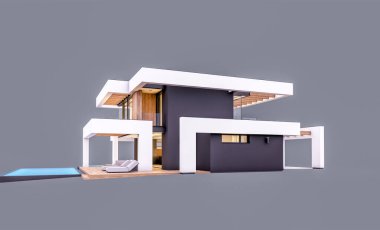 Havuzu ve park yeri olan modern konforlu bir evin 3 boyutlu tasarımı. Satılık ya da lüks tarzda. Akşamları. Gri renkte izole edilmiş