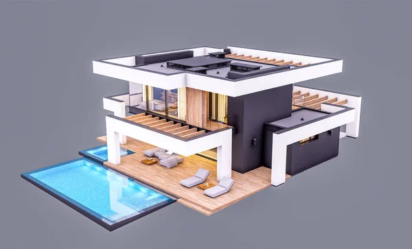 Rendering Von Modernen Gemütlichen Haus Mit Pool Und Parkplatz Zum — Stockfoto