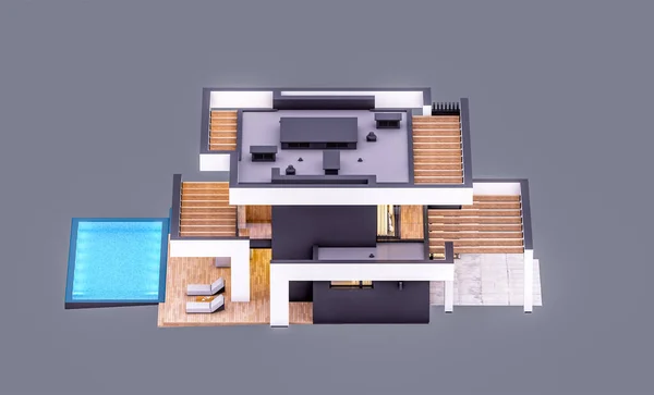 豪華なスタイルで販売や賃貸のためのプールや駐車場と現代的な居心地の良い家の3Dレンダリング 灰色に隔離された — ストック写真