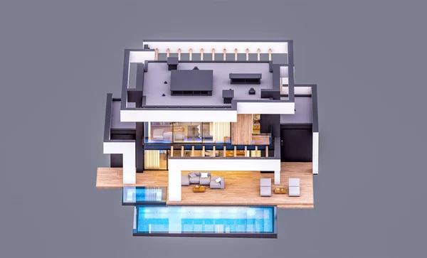 Rendering Van Modern Gezellig Huis Met Zwembad Parkeerplaats Koop Huur — Stockfoto