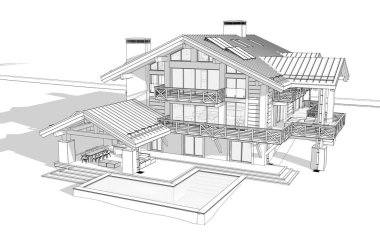 Havuzu ve kiralık park yeri olan modern konforlu bir dağ evi. Devasa kereste kirişleri. Beyaz zemin üzerinde yumuşak ışık gölgeleri olan siyah çizgi çizimi.