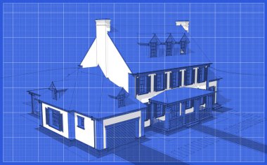 Arka planda güzel peyzajlı, garajı ve havuzu satılık ya da kirası olan koloni tarzında modern konforlu klasik evin 3D görüntüsü. Beyaz nokta ve plan arkaplanlı siyah çizgi çizimi