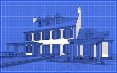 Arka planda güzel peyzajlı, garajı ve havuzu satılık ya da kirası olan koloni tarzında modern konforlu klasik evin 3D görüntüsü. Beyaz nokta ve plan arkaplanlı siyah çizgi çizimi