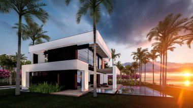 Havuzu ve satılık park yeri olan ya da deniz ya da okyanus kenarında lüks tarzda kiralanan modern konforlu bir ev. Tropikal adada palmiye ağaçları ve çiçeklerle masmavi sahilde gün batımı