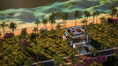 Havuzu ve satılık park yeri olan ya da deniz ya da okyanus kenarında lüks tarzda kiralanan modern konforlu bir ev. Tropikal adada palmiye ağaçları ve çiçeklerle masmavi sahilde gün batımı
