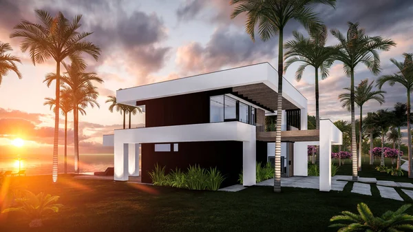 Havuzu ve satılık park yeri olan ya da deniz ya da okyanus kenarında lüks tarzda kiralanan modern konforlu bir ev. Tropikal adada palmiye ağaçları ve çiçeklerle masmavi sahilde gün batımı