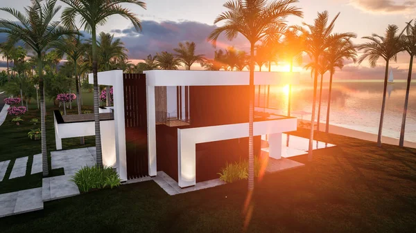 Havuzu ve satılık park yeri olan ya da deniz ya da okyanus kenarında lüks tarzda kiralanan modern konforlu bir ev. Tropikal adada palmiye ağaçları ve çiçeklerle masmavi sahilde gün batımı