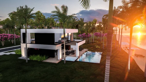 Havuzu ve satılık park yeri olan ya da deniz ya da okyanus kenarında lüks tarzda kiralanan modern konforlu bir ev. Tropikal adada palmiye ağaçları ve çiçeklerle masmavi sahilde gün batımı