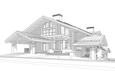 Havuzu ve kiralık park yeri olan modern konforlu bir dağ evi. Devasa kereste kirişleri. Beyaz zemin üzerinde yumuşak ışık gölgeleri olan siyah çizgi çizimi.