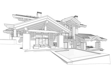 Havuzu ve kiralık park yeri olan modern konforlu bir dağ evi. Devasa kereste kirişleri. Beyaz zemin üzerinde yumuşak ışık gölgeleri olan siyah çizgi çizimi.