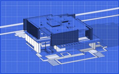 Park yeri ve havuzu satılık ya da ahşap kaplamalı modern konforlu ev. Beyaz nokta ve plan arkaplanlı siyah çizgi çizimi