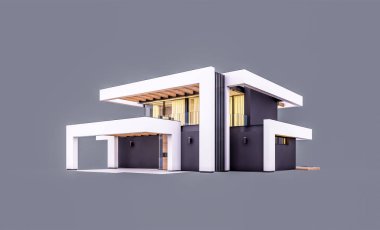 Havuzu ve park yeri olan modern konforlu bir evin 3 boyutlu tasarımı. Satılık ya da lüks tarzda. Akşamları. Gri renkte izole edilmiş