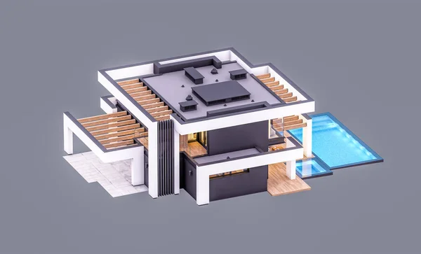 Renderowania Nowoczesnego Przytulnego Domu Basenem Parkingiem Sprzedaż Lub Wynajem Luksusowym — Zdjęcie stockowe
