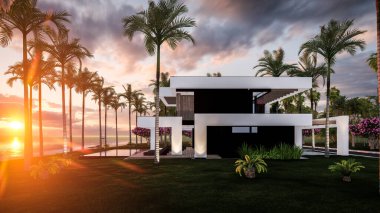 Havuzu ve satılık park yeri olan ya da deniz ya da okyanus kenarında lüks tarzda kiralanan modern konforlu bir ev. Tropikal adada palmiye ağaçları ve çiçeklerle masmavi sahilde gün batımı