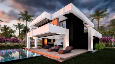 Havuzu ve satılık park yeri olan ya da deniz ya da okyanus kenarında lüks tarzda kiralanan modern konforlu bir ev. Tropikal adada palmiye ağaçları ve çiçeklerle masmavi sahilde gün batımı