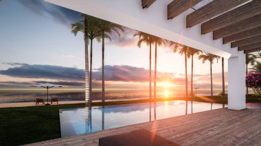 Havuzu ve satılık park yeri olan ya da deniz ya da okyanus kenarında lüks tarzda kiralanan modern konforlu bir ev. Tropikal adada palmiye ağaçları ve çiçeklerle masmavi sahilde gün batımı