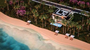 Havuzu ve satılık park yeri olan ya da deniz ya da okyanus kenarında lüks tarzda kiralanan modern konforlu bir ev. Tropikal adada palmiye ağaçları ve çiçeklerle masmavi sahilde gün batımı