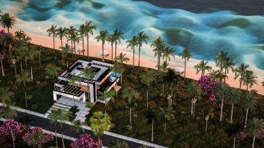 Havuzu ve satılık park yeri olan ya da deniz ya da okyanus kenarında lüks tarzda kiralanan modern konforlu bir ev. Tropikal adada palmiye ağaçları ve çiçeklerle masmavi sahilde gün batımı
