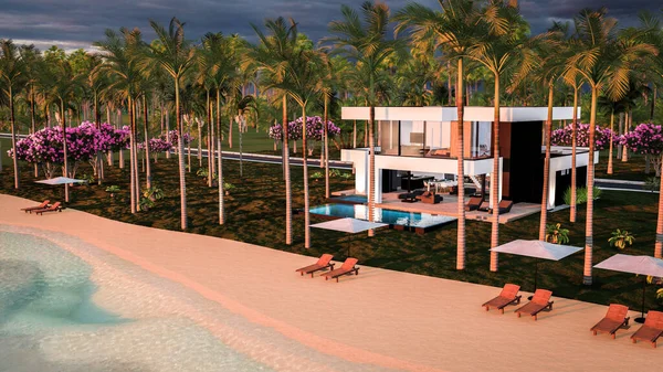 3D展示现代化舒适的房子 配有游泳池和停车场供出售或在海边以豪华风格出租 傍晚时分 热带岛屿上 碧绿的海岸上 长着棕榈树和花朵 夕阳西下 — 图库照片