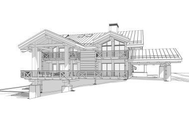 Havuzu ve kiralık park yeri olan modern konforlu bir dağ evi. Devasa kereste kirişleri. Beyaz zemin üzerinde yumuşak ışık gölgeleri olan siyah çizgi çizimi.