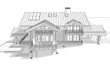 Havuzu ve kiralık park yeri olan modern konforlu bir dağ evi. Devasa kereste kirişleri. Beyaz zemin üzerinde yumuşak ışık gölgeleri olan siyah çizgi çizimi.