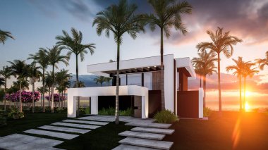 Havuzu ve satılık park yeri olan ya da deniz ya da okyanus kenarında lüks tarzda kiralanan modern konforlu bir ev. Tropikal adada palmiye ağaçları ve çiçeklerle masmavi sahilde gün batımı