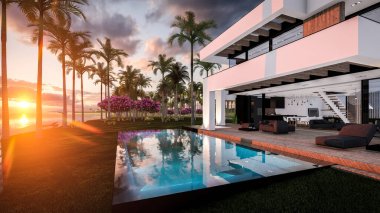 Havuzu ve satılık park yeri olan ya da deniz ya da okyanus kenarında lüks tarzda kiralanan modern konforlu bir ev. Tropikal adada palmiye ağaçları ve çiçeklerle masmavi sahilde gün batımı